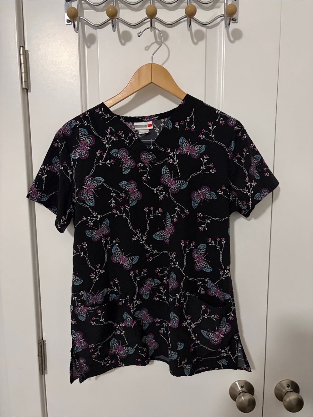 WHIT Black Short Sleeve Tee with Teal & Pink Butterfly Print